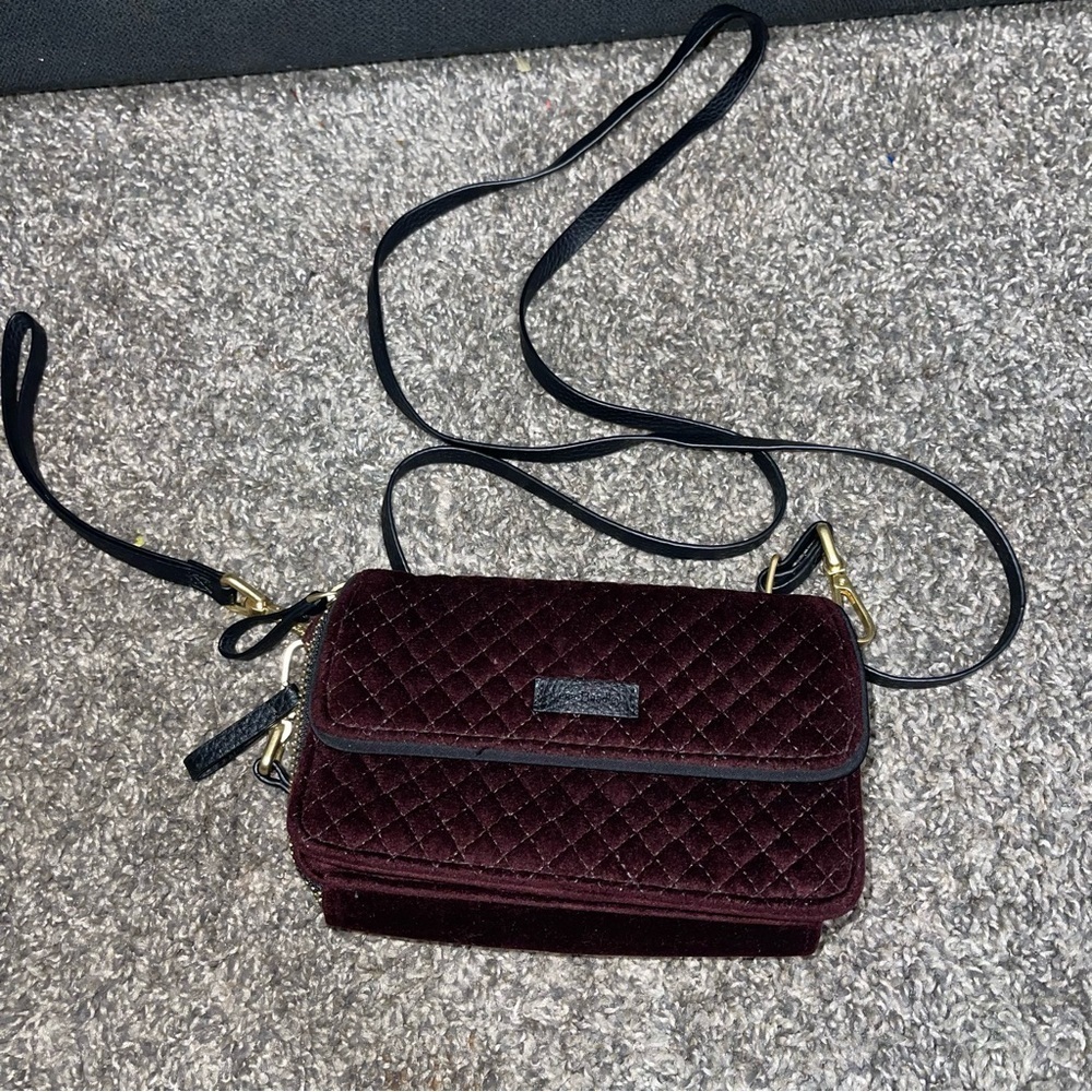 Vera Bradley All In One Burgundy Maroon Quilted Velvet Cross Body Bag